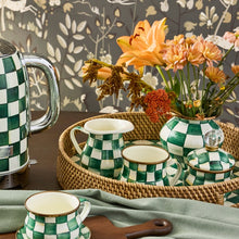 Load image into Gallery viewer, Emerald Check Enamel & Rattan Round Serving Tray