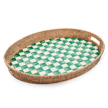 Load image into Gallery viewer, Emerald Check Enamel & Rattan Party Tray