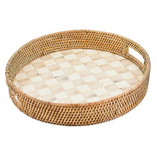 Load image into Gallery viewer, Mocha Check Enamel &amp; Rattan Round Serving Tray
