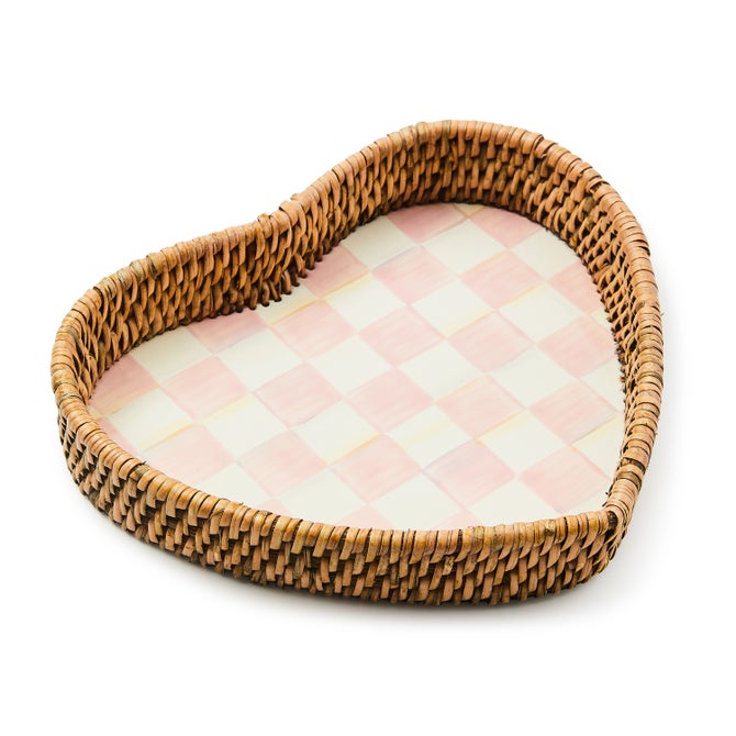 Rosy Check Enamel & Rattan Tray