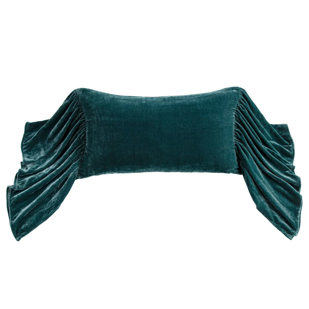STELLA FAUX SILK VELVET LONG RUFFLED PILLOW- STORM BLUE