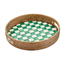 Load image into Gallery viewer, Emerald Check Enamel &amp; Rattan Round Serving Tray
