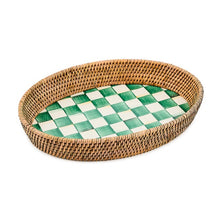 Load image into Gallery viewer, Emerald Check Enamel &amp; Rattan Large Tray
