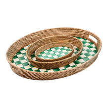 Load image into Gallery viewer, Emerald Check Enamel &amp; Rattan Large Tray
